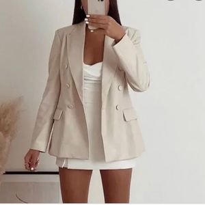 Zara double breasted faux leather blazer in ecru